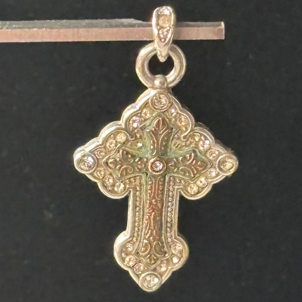 Vintage Silver Gold Tone Filigree Crystal Byzantine Cross Pendant